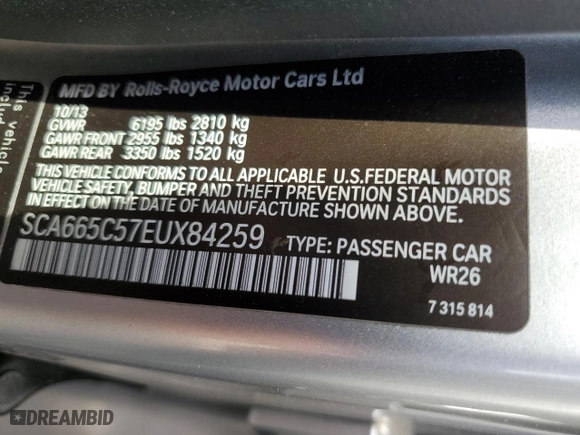 2014 Rolls-Royce Wraith with VIN SCA665C57EUX84259, listed as a Copart auction lot 65586204 with 52,048 mi miles and Salvage Title. Bid and sale history available at carsss.com. Image 13.