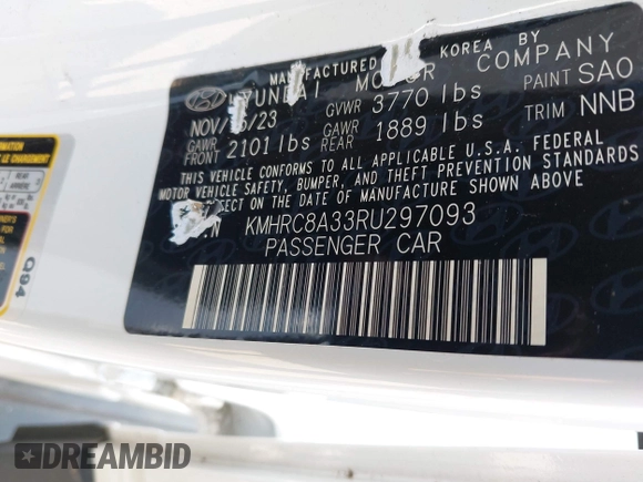 2024 Hyundai Venue Limited with VIN KMHRC8A33RU297093, listed as a IAAI auction lot 42553398 with 5,947 mi miles and . Bid and sale history available at DreamBid. Image 9.