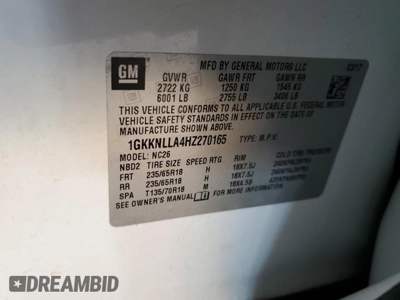2017 GMC Acadia SLE with VIN 1GKKNLLA4HZ270165, listed as a Copart auction lot 84859014 with 105,232 mi miles and Salvage Title. Bid and sale history available at carsss.com. Image 13.
