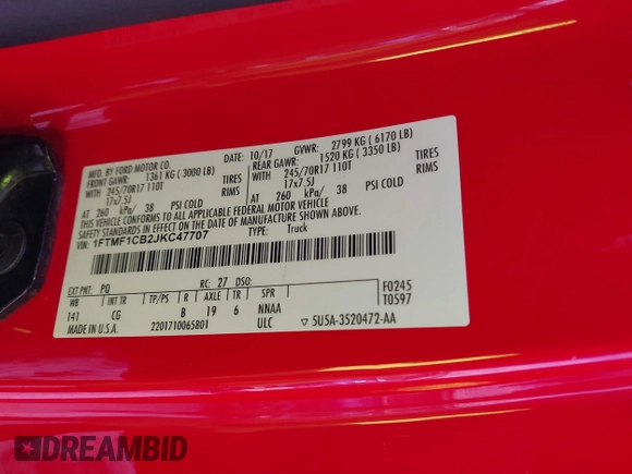 2018 Ford F-150 XL with VIN 1FTMF1CB2JKC47707, listed as a IAAI auction lot 41231081 with 120,804 mi miles. Bid and sale history available at carsss.com. Image 9.