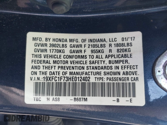 2017 Honda Civic EX-L z VIN 19XFC1F73HE012402, wystawiony jako IAAI lot #42231613 z przebiegiem 73 446 mil mil oraz . Historia ofert i sprzedaży dostępna na DreamBid. Obrazek 9.