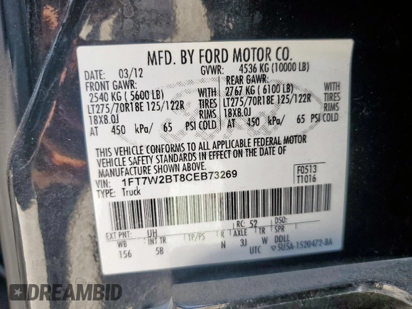 2012 Ford F-250 XL z VIN 1FT7W2BT8CEB73269, wystawiony jako Copart lot #63978235 z przebiegiem 294 869 mil mil oraz Szkoda całkowita • Salvage title. Historia ofert i sprzedaży dostępna na DreamBid. Obrazek 13.
