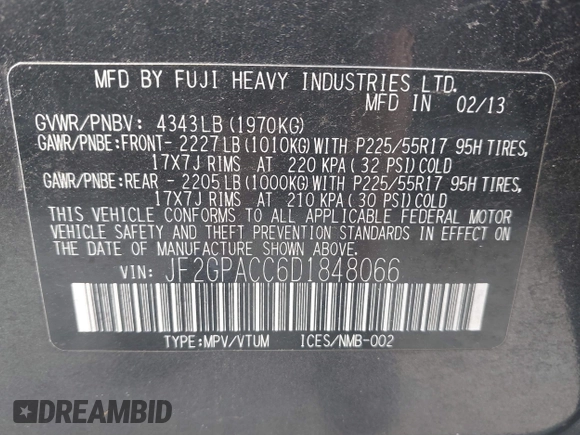 2013 Subaru Crosstrek Premium with VIN JF2GPACC6D1848066, listed as a IAAI auction lot 42359354 with 173,650 mi miles and . Bid and sale history available at DreamBid. Image 9.