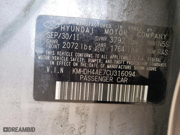 2012 Hyundai Elantra GLS with VIN KMHDH4AE7CU316094, listed as a Copart auction lot 51986305 with 89,930 mi miles and Salvage Title. Bid and sale history available at carsss.com. Image 12.