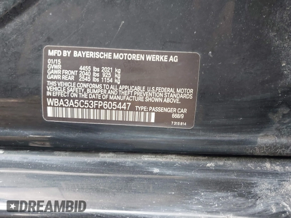2015 BMW 3 Series 328i with VIN WBA3A5C53FP605447, listed as a IAAI auction lot 41649640 with 168,021 mi miles. Bid and sale history available at carsss.com. Image 9.