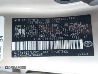 2008 Toyota Avalon XL z VIN 4T1BK36B48U256087, wystawiony jako IAAI lot #42186677 z przebiegiem 191 974 mil mil oraz . Historia ofert i sprzedaży dostępna na DreamBid. Obrazek 9.