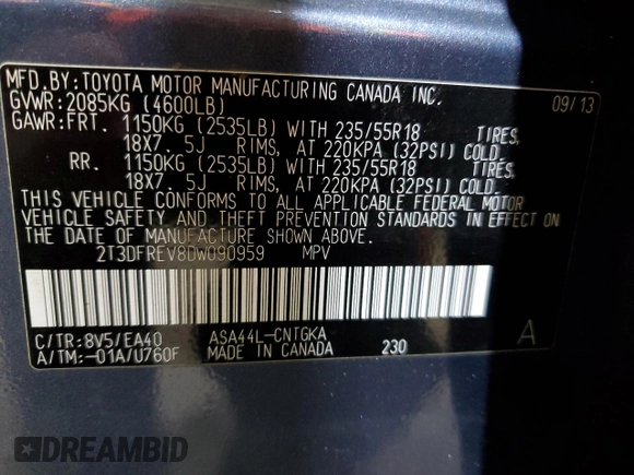 2013 Toyota RAV4 Limited with VIN 2T3DFREV8DW090959, listed as a Copart auction lot 43904295 with 66,062 mi miles and Salvage Title. Bid and sale history available at DreamBid. Image 16.