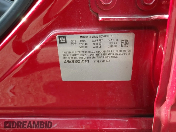 2012 Cadillac CTS Performance with VIN 1G6DK5E37C0147743, listed as a IAAI auction lot 42060614 with 80,190 mi miles and . Bid and sale history available at DreamBid. Image 9.