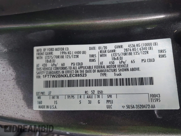 2020 Ford F-250 XL with VIN 1FT7W2BNXLEC88523, listed as a IAAI auction lot 41413956 with 64,787 mi miles and . Bid and sale history available at DreamBid. Image 9.
