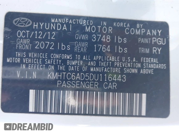 2013 Hyundai Veloster w/Black Int with VIN KMHTC6AD5DU116443, listed as a IAAI auction lot 41635858 with 170,173 mi miles and . Bid and sale history available at DreamBid. Image 9.