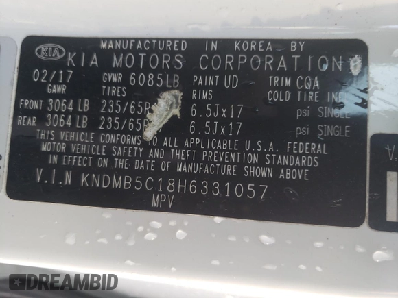 2017 Kia Sedona LX with VIN KNDMB5C18H6331057, listed as a Copart auction lot 46455575 with 93,106 mi miles and Salvage Title. Bid and sale history available at carsss.com. Image 14.