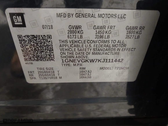 2019 Chevrolet Traverse LT Cloth with VIN 1GNEVGKW7KJ111442, listed as a IAAI auction lot 41356321 with 153,940 mi miles. Bid and sale history available at carsss.com. Image 9.