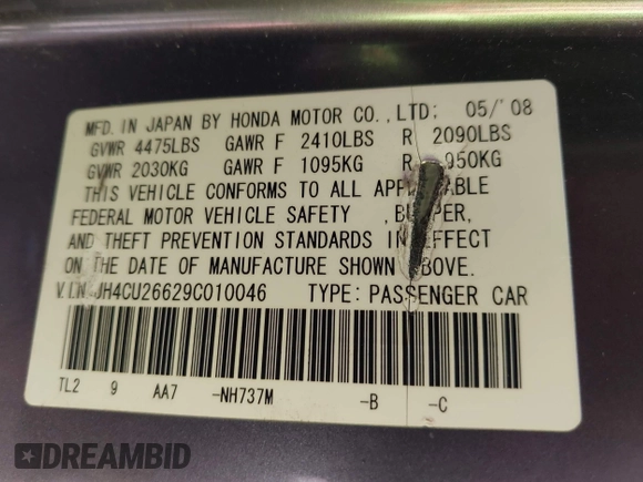2009 Acura TSX z VIN JH4CU26629C010046, wystawiony jako IAAI lot #42303097 z przebiegiem 157 720 mil mil oraz . Historia ofert i sprzedaży dostępna na DreamBid. Obrazek 9.