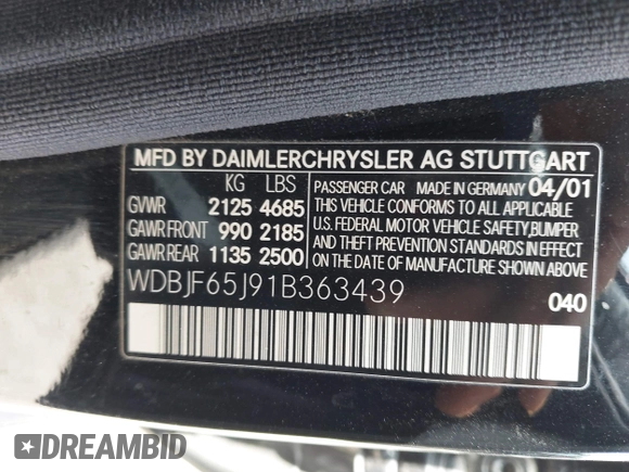 2001 Mercedes-Benz E 320 with VIN WDBJF65J91B363439, listed as a IAAI auction lot 42058536 with 61,272 mi miles and . Bid and sale history available at DreamBid. Image 9.