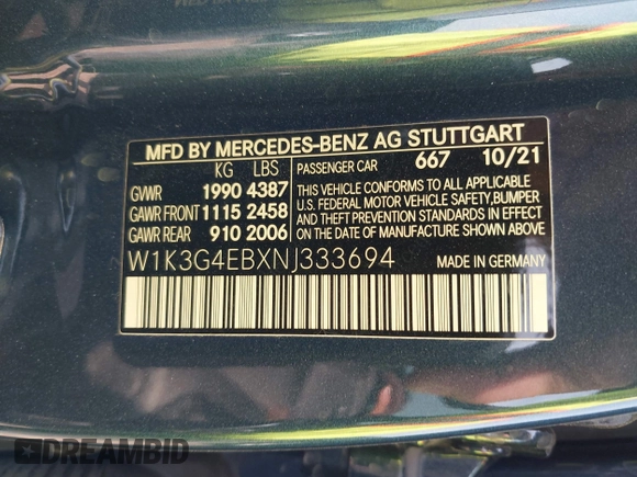 2022 Mercedes-Benz A 220 z VIN W1K3G4EBXNJ333694, wystawiony jako IAAI lot #41932394 z przebiegiem Nie podano mil oraz . Historia ofert i sprzedaży dostępna na DreamBid. Obrazek 9.