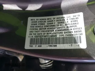 2015 Honda Civic Sedan EX-L with VIN 19XFB2F94FE058649, listed as a IAAI auction lot 41845076 with 191,652 mi miles. Bid and sale history available at carsss.com. Image 9.