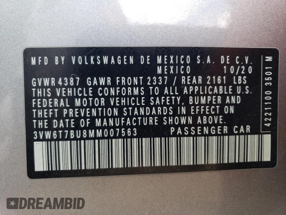 2021 Volkswagen Jetta GLI S z VIN 3VW6T7BU8MM007563, wystawiony jako Copart lot #43359715 z przebiegiem 30 937 mil mil oraz Szkoda całkowita • Salvage title. Historia ofert i sprzedaży dostępna na DreamBid. Obrazek 12.
