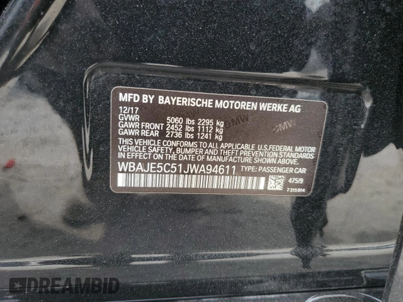 2018 BMW 5 Series 540i with VIN WBAJE5C51JWA94611, listed as a Copart auction lot 50367505 with 104,301 mi miles and Salvage Title. Bid and sale history available at carsss.com. Image 14.