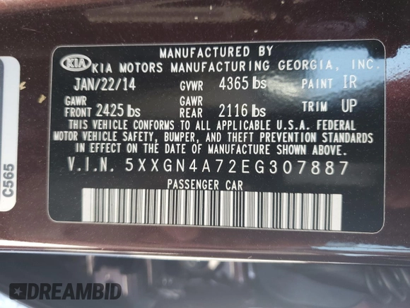 2014 Kia Optima EX with VIN 5XXGN4A72EG307887, listed as a Copart auction lot 50647855 with 212,293 mi miles and Salvage Title. Bid and sale history available at carsss.com. Image 15.