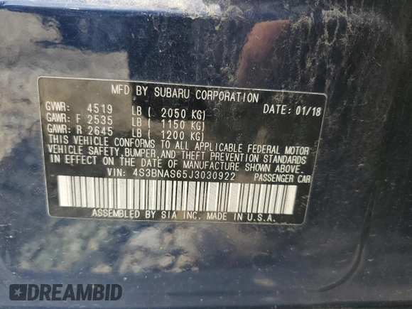 2018 Subaru Legacy Special Sports with VIN 4S3BNAS65J3030922, listed as a Copart auction lot 57316464 with 107,025 mi miles and Salvage Title. Bid and sale history available at DreamBid. Image 12.