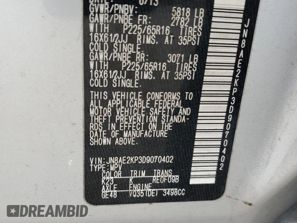 2013 Nissan Quest SV with VIN JN8AE2KP3D9070402, listed as a Copart auction lot 60081504 with 119,298 mi miles and Salvage Title. Bid and sale history available at carsss.com. Image 13.