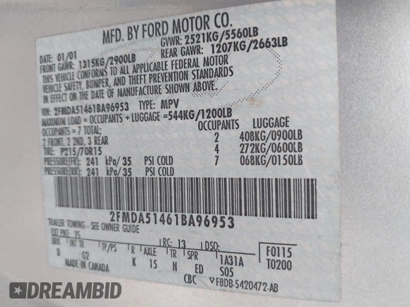 2001 Ford Windstar LX z VIN 2FMDA51461BA96953, wystawiony jako IAAI lot #42267957 z przebiegiem 125 083 mil mil oraz . Historia ofert i sprzedaży dostępna na DreamBid. Obrazek 9.