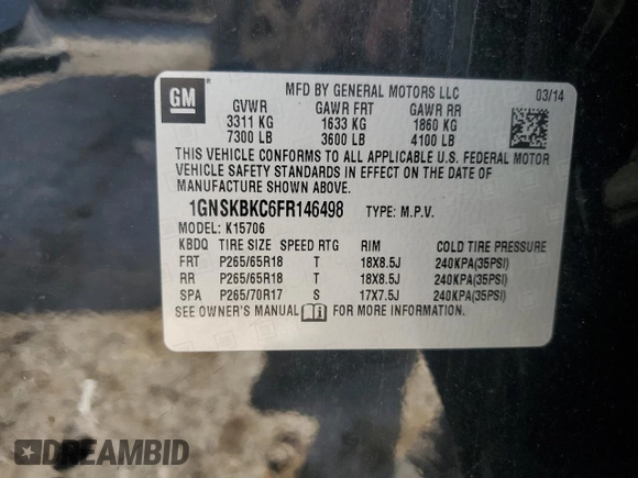 2015 Chevrolet Tahoe LT with VIN 1GNSKBKC6FR146498, listed as a Copart auction lot 46576715 with 156,106 mi miles and Clean title. Bid and sale history available at DreamBid. Image 13.