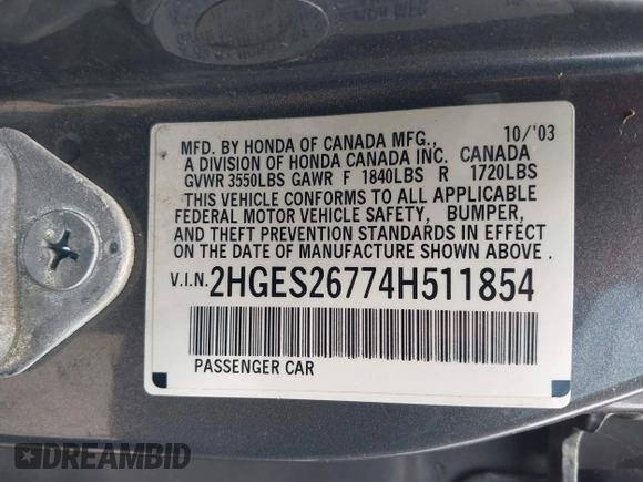 2004 Honda Civic EX with VIN 2HGES26774H511854, listed as a IAAI auction lot 42339875 with 200,118 mi miles and . Bid and sale history available at DreamBid. Image 9.