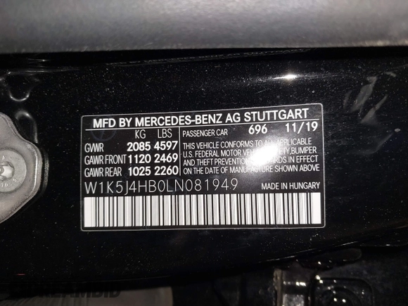 2020 Mercedes-Benz CLA with VIN W1K5J4HB0LN081949, listed as a IAAI auction lot 41545089 with 25,277 mi miles. Bid and sale history available at carsss.com. Image 9.