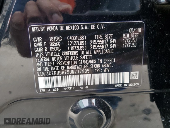 2018 Honda HR-V EX-L Navi with VIN 3CZRU5H75JM717805, listed as a Copart auction lot 86217844 with 95,702 mi miles and Salvage Title. Bid and sale history available at carsss.com. Image 15.
