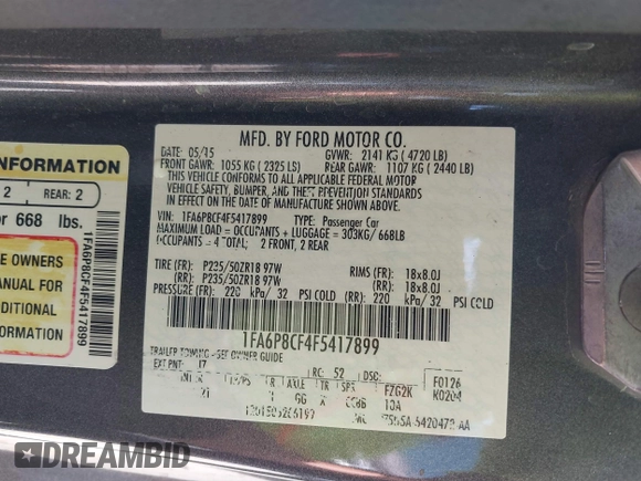 2015 Ford Mustang GT with VIN 1FA6P8CF4F5417899, listed as a IAAI auction lot 41816488 with 128,372 mi miles and . Bid and sale history available at carsss.com. Image 9.
