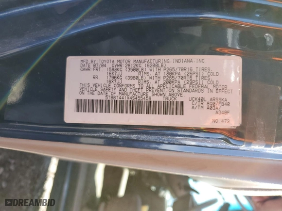 2004 Toyota Tundra SR5 with VIN 5TBBT441X4S455458, listed as a Copart auction lot 47608725 with NaN miles and Salvage Title. Bid and sale history available at carsss.com. Image 12.