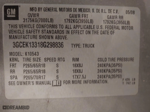 2008 Chevrolet Silverado 1500 LTZ with VIN 3GCEK13318G298836, listed as a IAAI auction lot 41183164 with 157,940 mi miles. Bid and sale history available at carsss.com. Image 9.