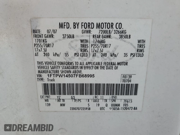 2007 Ford F-150 XLT with VIN 1FTPW14507FB68995, listed as a Copart auction lot 60564275 with 123,978 mi miles and Clean title. Bid and sale history available at DreamBid. Image 12.