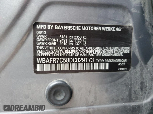 2013 BMW 5 Series 535i with VIN WBAFR7C58DC829173, listed as a Copart auction lot 45767075 with 242,524 mi miles and Salvage Title. Bid and sale history available at DreamBid. Image 14.