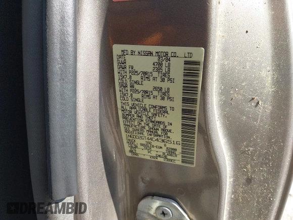 2004 Nissan Frontier XE with VIN 1N6DD26T44C436516, listed as a IAAI auction lot 42585962 with 229,723 mi miles and . Bid and sale history available at DreamBid. Image 9.