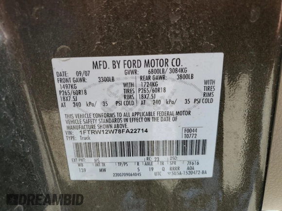 2008 Ford F-150 XL with VIN 1FTRW12W78FA22714, listed as a Copart auction lot 61267135 with 222,114 mi miles and Clean title. Bid and sale history available at DreamBid. Image 12.