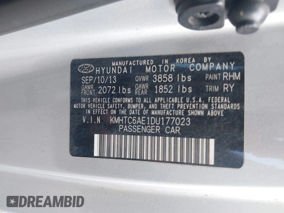 2013 Hyundai Veloster Turbo with VIN KMHTC6AE1DU177023, listed as a IAAI auction lot 42604617 with 102,087 mi miles and . Bid and sale history available at DreamBid. Image 9.