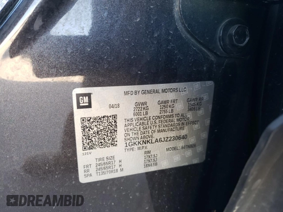 2018 GMC Acadia SLE z VIN 1GKKNKLA6JZ230640, wystawiony jako Copart lot #52047525 z przebiegiem 72 312 mil mil oraz Szkoda całkowita • Salvage title. Historia ofert i sprzedaży dostępna na DreamBid. Obrazek 14.