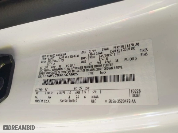 2019 Ford F-150 XL with VIN 1FTMF1CBXKKC78625, listed as a IAAI auction lot 41308012 with 1 mi miles. Bid and sale history available at carsss.com. Image 9.