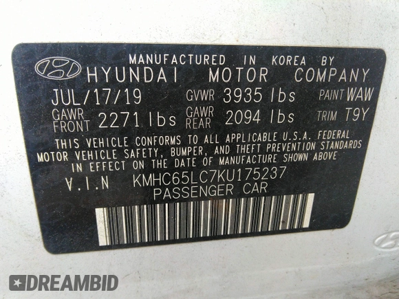 2019 Hyundai Ioniq Blue with VIN KMHC65LC7KU175237, listed as a IAAI auction lot 35784984 with 138,348 mi miles and . Bid and sale history available at DreamBid. Image 9.