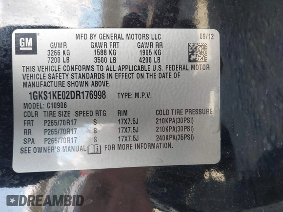 2013 GMC Yukon XL SLT with VIN 1GKS1KE02DR176998, listed as a IAAI auction lot 41839522 with 175,923 mi miles. Bid and sale history available at carsss.com. Image 9.