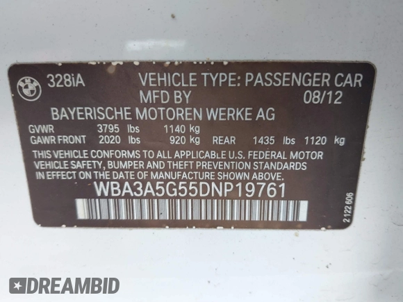 2013 BMW 3 Series 328i с VIN WBA3A5G55DNP19761, выставлен на аукционе IAAI как лот 42311901 с пробегом 205 691 миль миль и . История ставок и продаж доступна на DreamBid. Изображение 9.