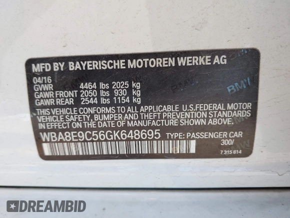 2016 BMW 3 Series 328i z VIN WBA8E9C56GK648695, wystawiony jako IAAI lot #42303074 z przebiegiem 106 192 mil mil oraz . Historia ofert i sprzedaży dostępna na DreamBid. Obrazek 9.