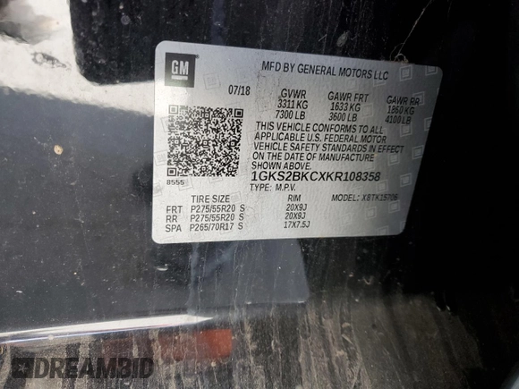 2019 GMC Yukon SLT with VIN 1GKS2BKCXKR108358, listed as a Copart auction lot 83765624 with 127,724 mi miles and Salvage Title. Bid and sale history available at carsss.com. Image 13.