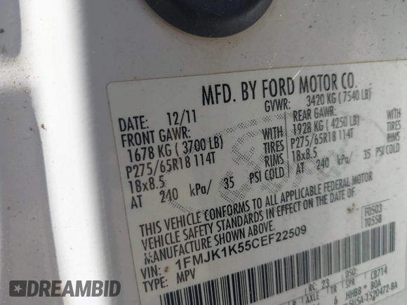 2012 Ford Expedition Max Limited with VIN 1FMJK1K55CEF22509, listed as a IAAI auction lot 42378673 with 260,359 mi miles and . Bid and sale history available at DreamBid. Image 9.
