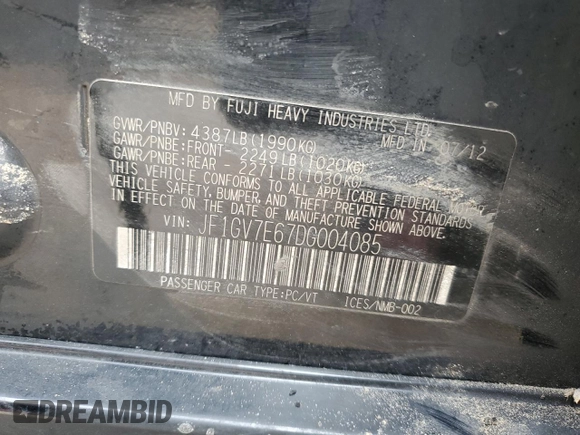 2013 Subaru WRX WRX with VIN JF1GV7E67DG004085, listed as a Copart auction lot 47030705 with Not provided miles and Non repairable. Bid and sale history available at DreamBid. Image 12.