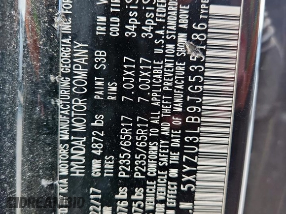 2018 Hyundai Santa Fe 2.4L с VIN 5XYZU3LB9JG535186, выставлен на аукционе Copart как лот 60098585 с пробегом 105 128 миль миль и Списание • Salvage title. История ставок и продаж доступна на DreamBid. Изображение 14.