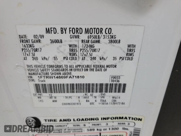 2009 Ford F-150 XL with VIN 1FTRW14869FA71810, listed as a Copart auction lot 55146085 with 191,405 mi miles and Non repairable. Bid and sale history available at DreamBid. Image 12.