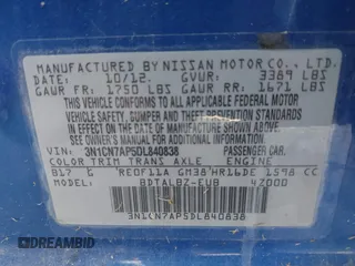 2013 Nissan Versa S Plus with VIN 3N1CN7AP5DL840838, listed as a IAAI auction lot 42343957 with 91,669 mi miles and . Bid and sale history available at DreamBid. Image 9.